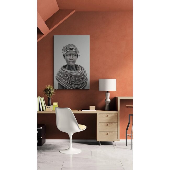 MONDiART Gobelin geweven wandtapijt 120/180 Samburu Meisje Zwart/Wit WH2007 uitgerekt op een draagbalk