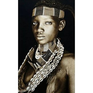 MONDiART Gobelin geweven wandtapijt 120/180 Hamar Lady Ethiopië WH1616 uitgerekt op draagbalk