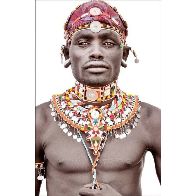 MONDiART Gobelin geweven wandtapijt 120/180 Samburu Man Wit WH1746 uitgerekt op een draagbalk