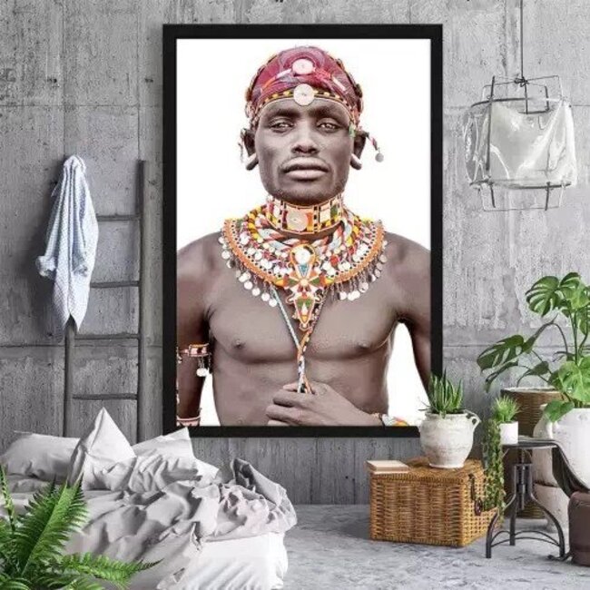 MONDiART Gobelin geweven wandtapijt 120/180 Samburu Man Wit WH1746 uitgerekt op een draagbalk