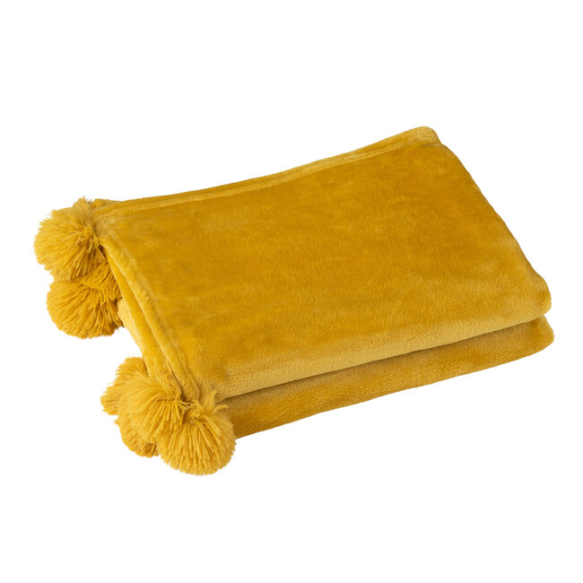 J-Line Okerkleurige polyester pompomplaid