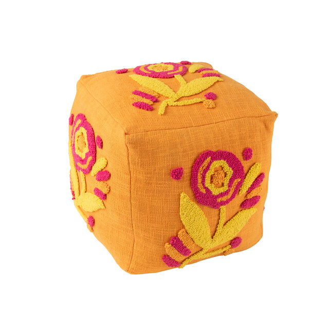 J-Line Poef Vierkant Bloem Katoen Oranje/Roze/Geel