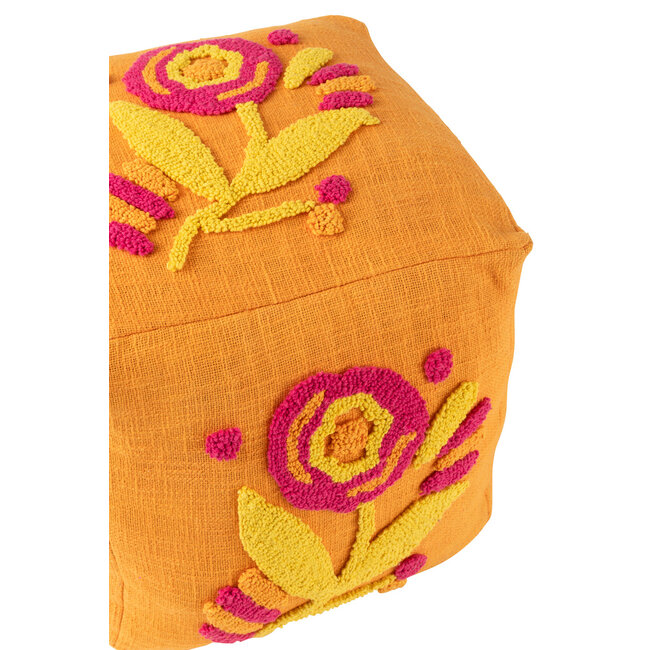 J-Line Poef Vierkant Bloem Katoen Oranje/Roze/Geel