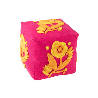J-Line Poef Vierkant Bloem Katoen Roze/Oranje/Geel