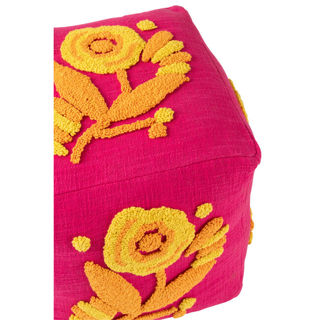 J-Line Poef Vierkant Bloem Katoen Roze/Oranje/Geel