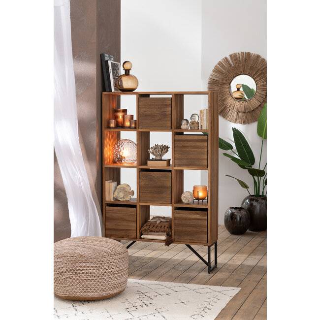 J-Line Poef Rond Vierkant Buiten Polyester Bruin/Wit