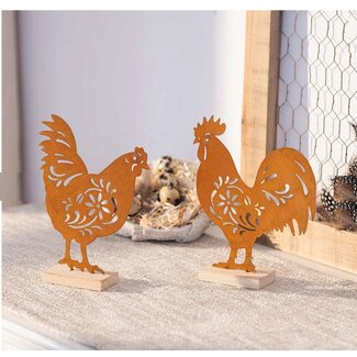 Dream-Garden Decoratieve Roestbruine Kippen op Houten Voet – Set van 2