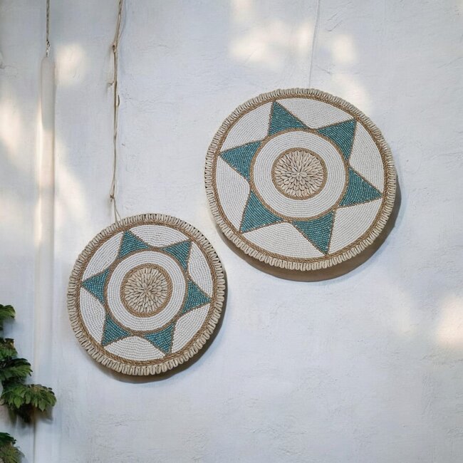 Bali-Dreams Wandbord schelpen en kralen 40 cm wit - turquoise