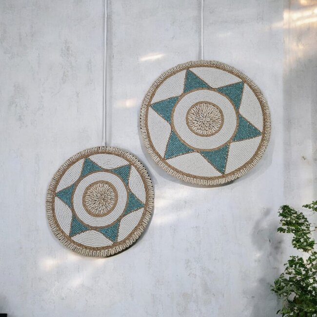 Bali-Dreams Wandbord schelpen en kralen 40 cm wit - turquoise