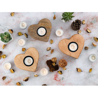Dream-Living Set van 3 Mangohouten Hart Theelichthouders – 12x11 cm