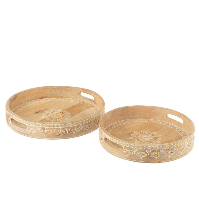 J-Line Set Of 2 Tray 2 Handle Beads Mango Wood Natural/White