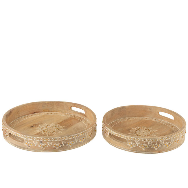 J-Line Set Of 2 Tray 2 Handle Beads Mango Wood Natural/White