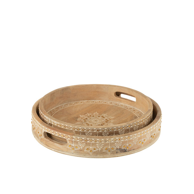 J-Line Set Of 2 Tray 2 Handle Beads Mango Wood Natural/White