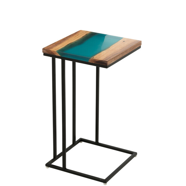 J-Line Bijzettafel Vierkant Acaciahout/Hars Natuurlijk/Blauw