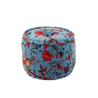 J-Line Poef Rond Vogels/Bloemen Katoen Fluweel Blauw