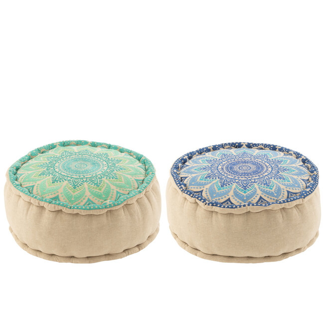 J-Line Poef Rond Bloem Katoen Turquoise/Blauw Assortiment Van 2