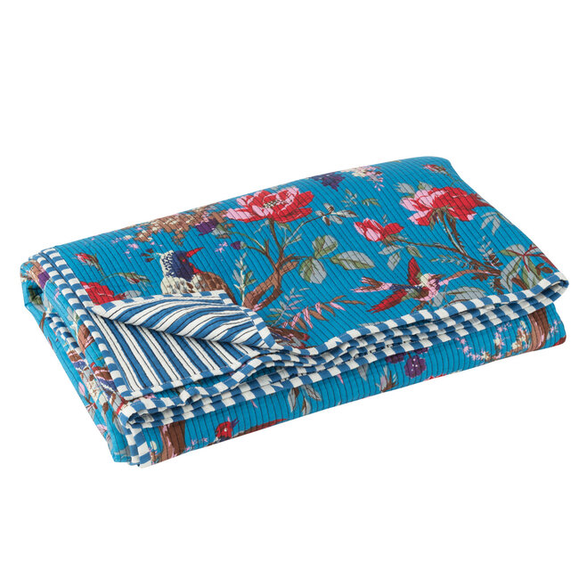 J-Line Plaid Vogels/Bloemen Katoen Fluweel Blauw