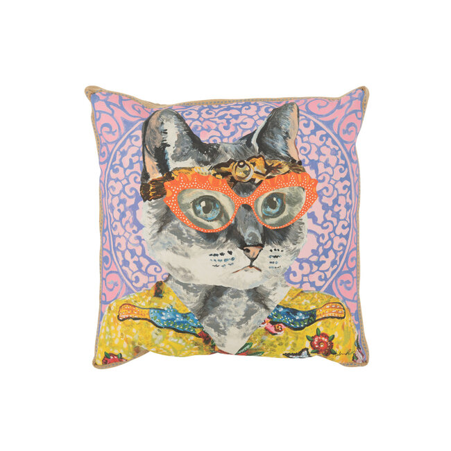 J-Line Pillow Cat Popart Polyester/Linen Mix