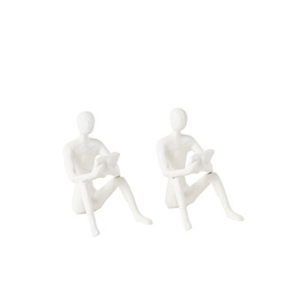 J-Line Set van 2 standbeelden zittend Koli ijzer wit