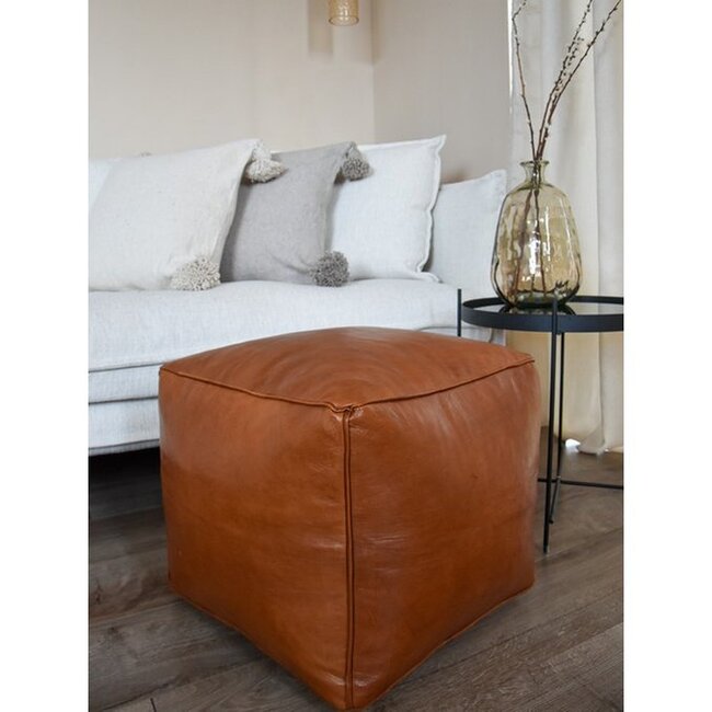 Poufs & Pillows Leren poef - karamelbruin (vierkant) - Gevuld geleverd