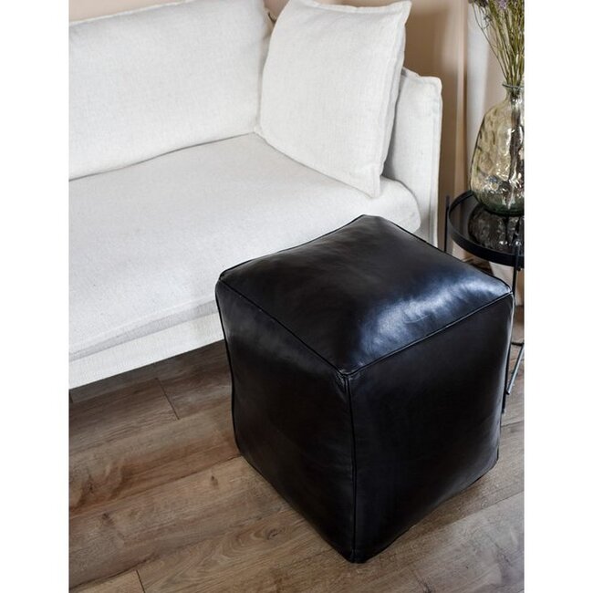 Poufs & Pillows Leren poef - zwart (vierkant - XL) - gevuld geleverd
