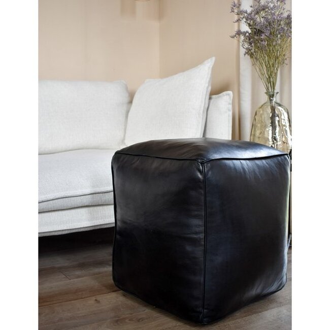 Poufs & Pillows Leren poef - zwart (vierkant - XL) - gevuld geleverd
