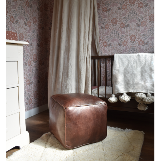 Poufs & Pillows Leren vierkante poef - bruin (vierkant) - gevuld geleverd