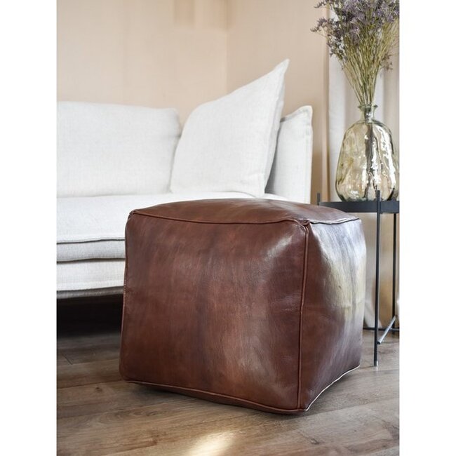 Poufs & Pillows Leren vierkante poef - bruin (vierkant) - gevuld geleverd