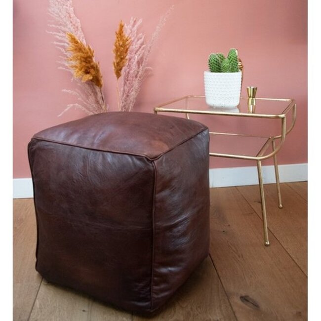 Poufs & Pillows Handgemaakte lederen poef - donkerbruin 40x45cm