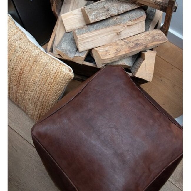 Poufs & Pillows Handgemaakte lederen poef - donkerbruin 40x45cm