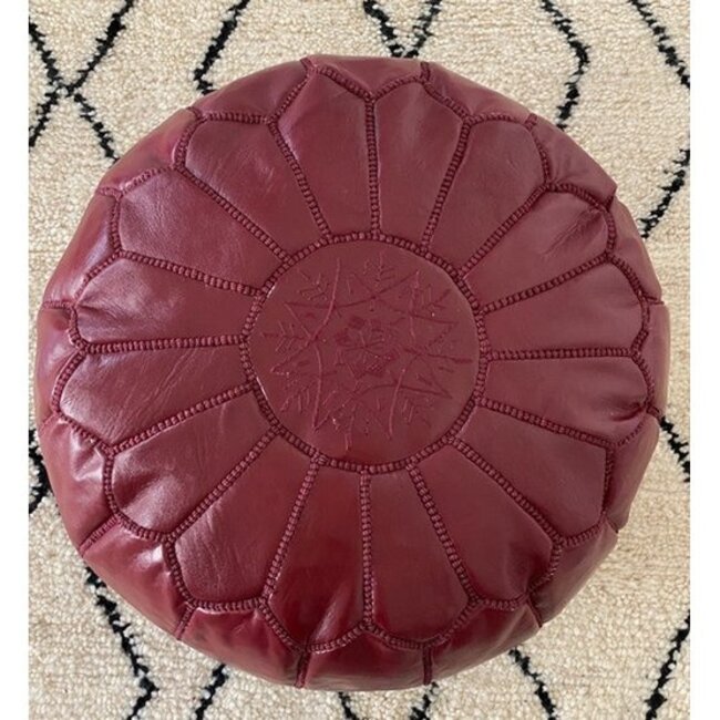 Poufs & Pillows Handgemaakte lederen poef - volledige bordeaux 55x35cm