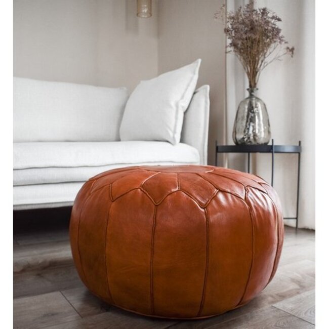 Poufs & Pillows Handgemaakte lederen poef - Cognac Shiny 55x35cm