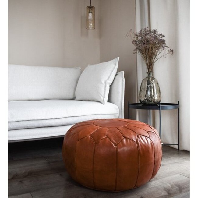 Poufs & Pillows Handgemaakte lederen poef - Cognac Shiny 55x35cm
