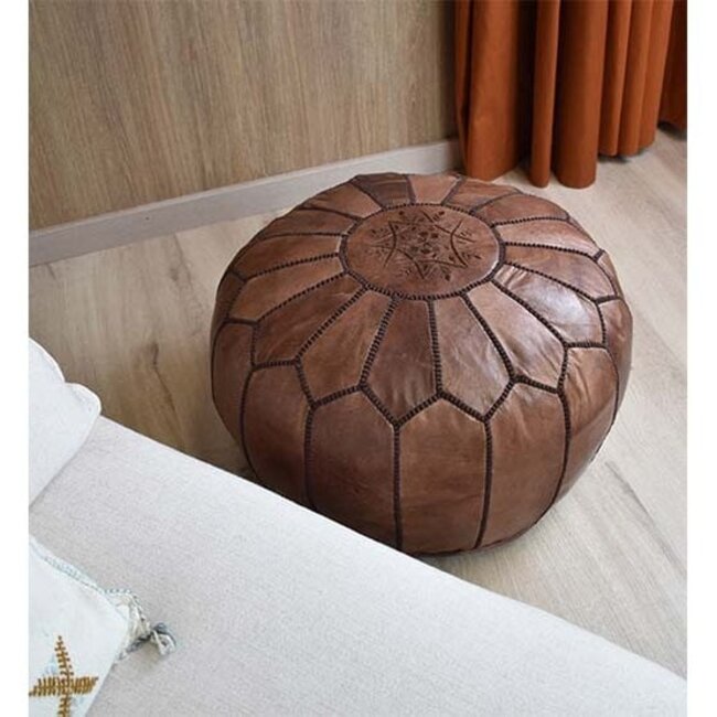 Poufs & Pillows Handgemaakte lederen poef - vol bruin 55x35cm