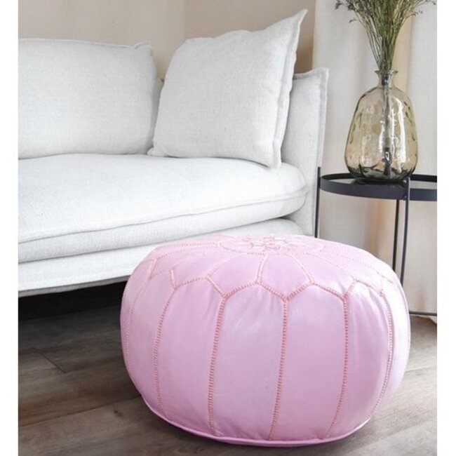 Poufs & Pillows Handgemaakte lederen poef - roze 55x35cm