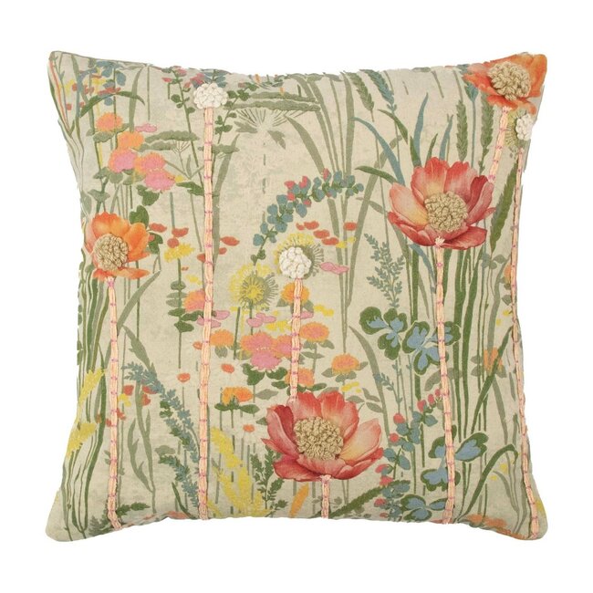 Mars & More kussen geborduurd wilde bloemen roze klaproos 45x45cm