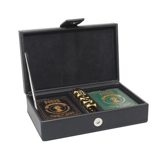 2 Pokersets en 5 Gouden Dobbelsteenbriefjes in Zwarte Faux Leren Etui