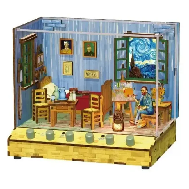 DIY 3D Houten Puzzel met 6 verschillende geluidseffecten en stofkap Vincent's Bedroom, Tone-Cheer, TQ401, 18x14,5x15,4cm