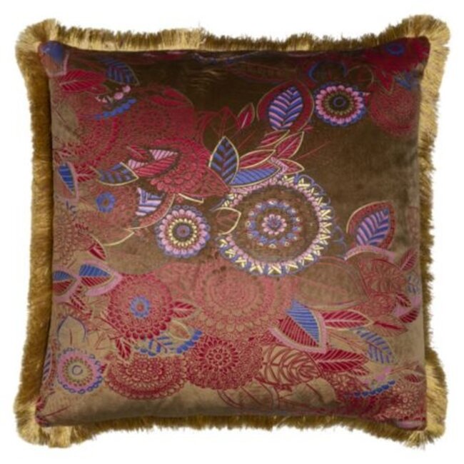 Mars & More kussen fluweel gouden franjes bloemig taupe 45x45cm*