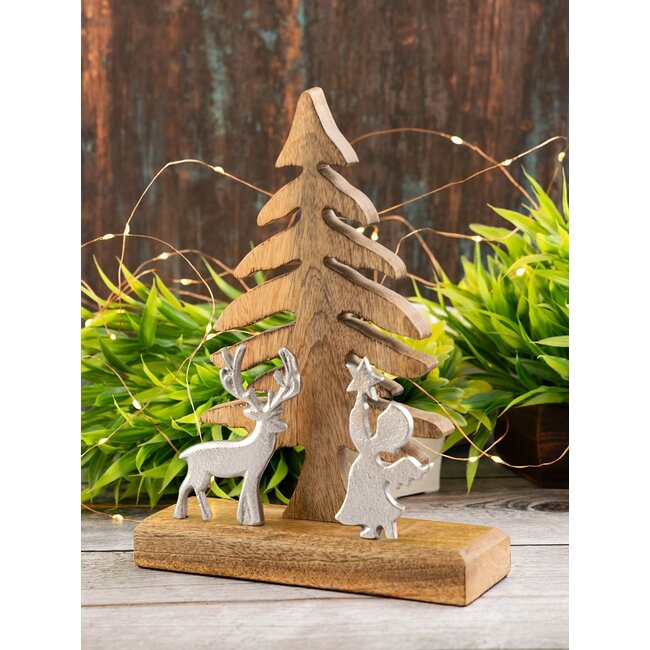 Dream-Living Mangohouten kerstboom met hert en engel – 20x27cm