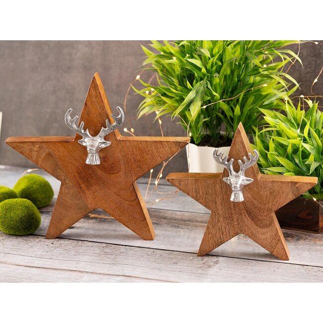 Dream-Living Houten Sterren Set van 2 met Hertenkop – Mangohout & Aluminium