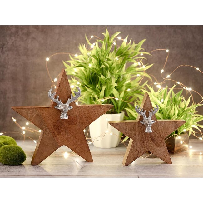 Dream-Living Houten Sterren Set van 2 met Hertenkop – Mangohout & Aluminium