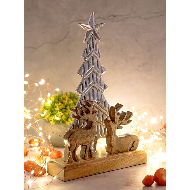 Dream-Living Kerstboom Decoratie met Hert – Mangohout & Aluminium 20x31cm