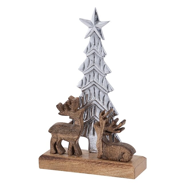 Dream-Living Kerstboom Decoratie met Hert – Mangohout & Aluminium 20x31cm