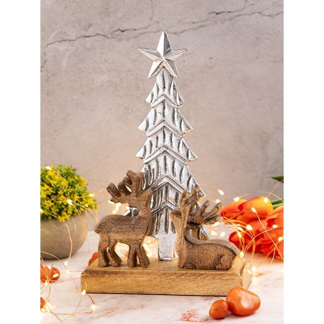 Dream-Living Kerstboom Decoratie met Hert – Mangohout & Aluminium 20x31cm