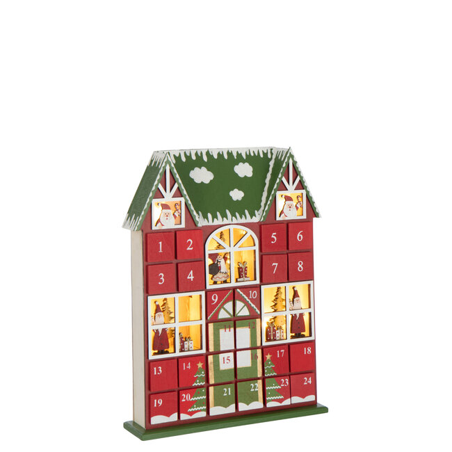 J-Line Huis Adventskalender Led Multiplex Kerst Rood/Donkergroen