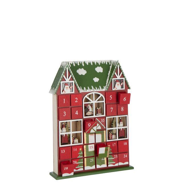J-Line Huis Adventskalender Led Multiplex Kerst Rood/Donkergroen