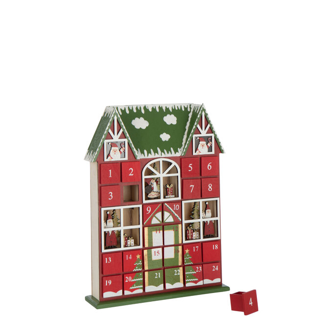 J-Line Huis Adventskalender Led Multiplex Kerst Rood/Donkergroen