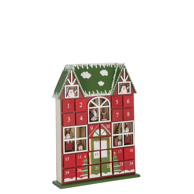 J-Line Huis Adventskalender Led Multiplex Kerst Rood/Donkergroen