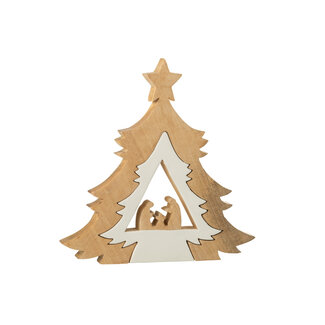 J-Line Kerststal in boom + ster mangohout wit/natuur
